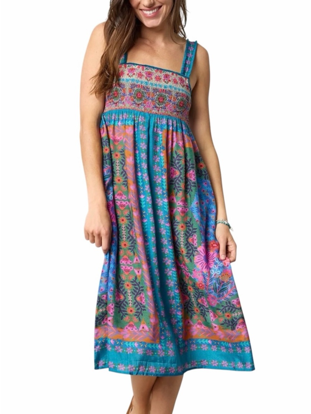 Natural Life Spring In Your Step Midi Dress Blue Folk Floral Large NWT Teal Pink